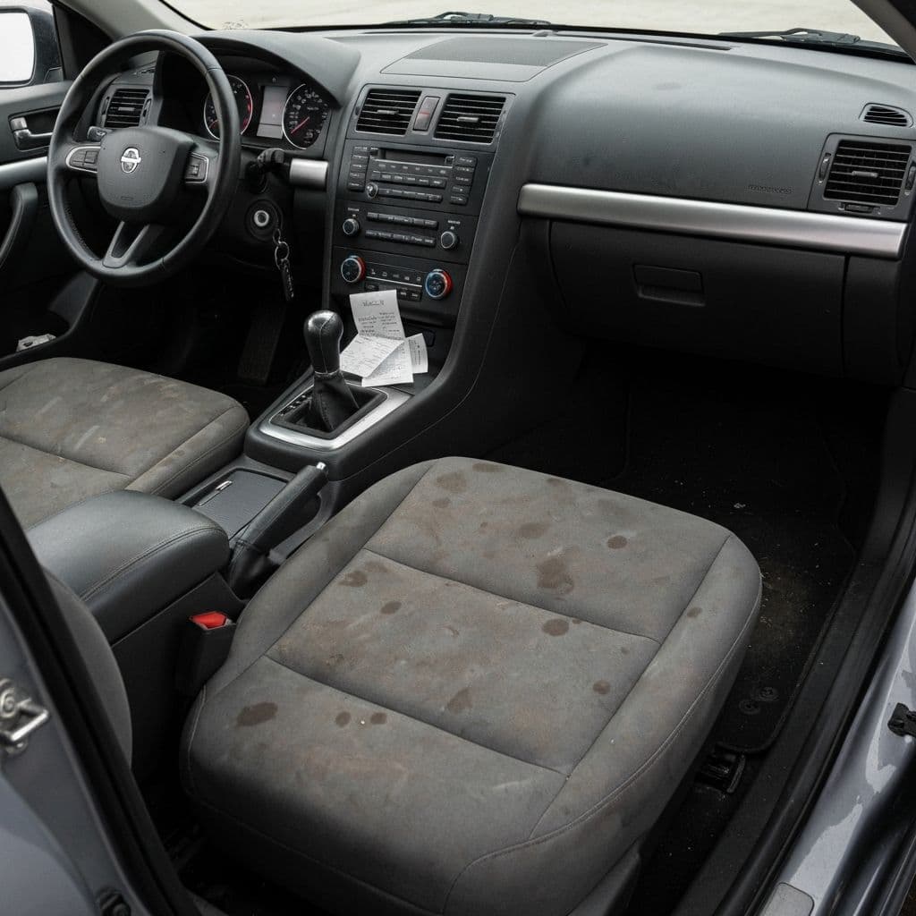 Dirty car interior with visible stains and debris before professional detailing