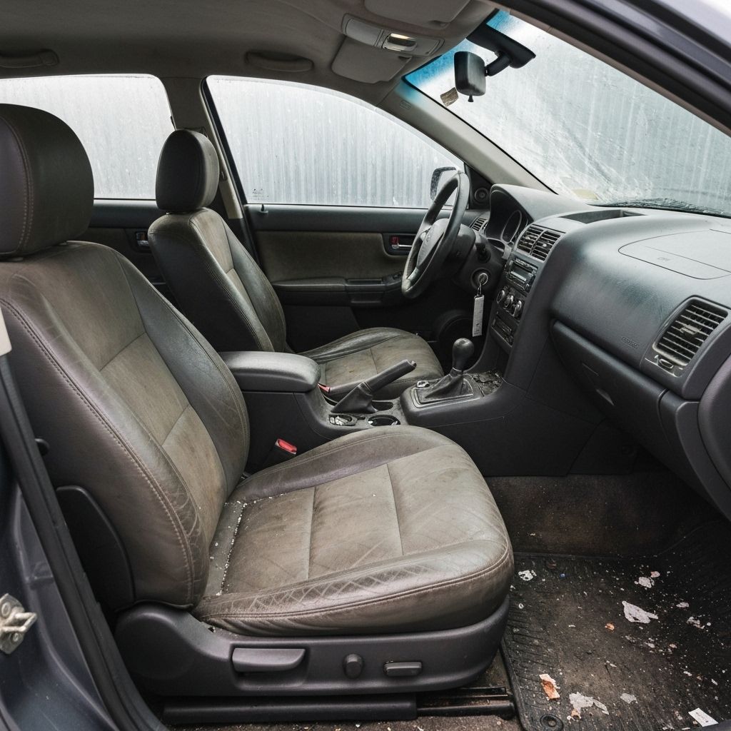 Dirty car interior with stains needing professional cleaning