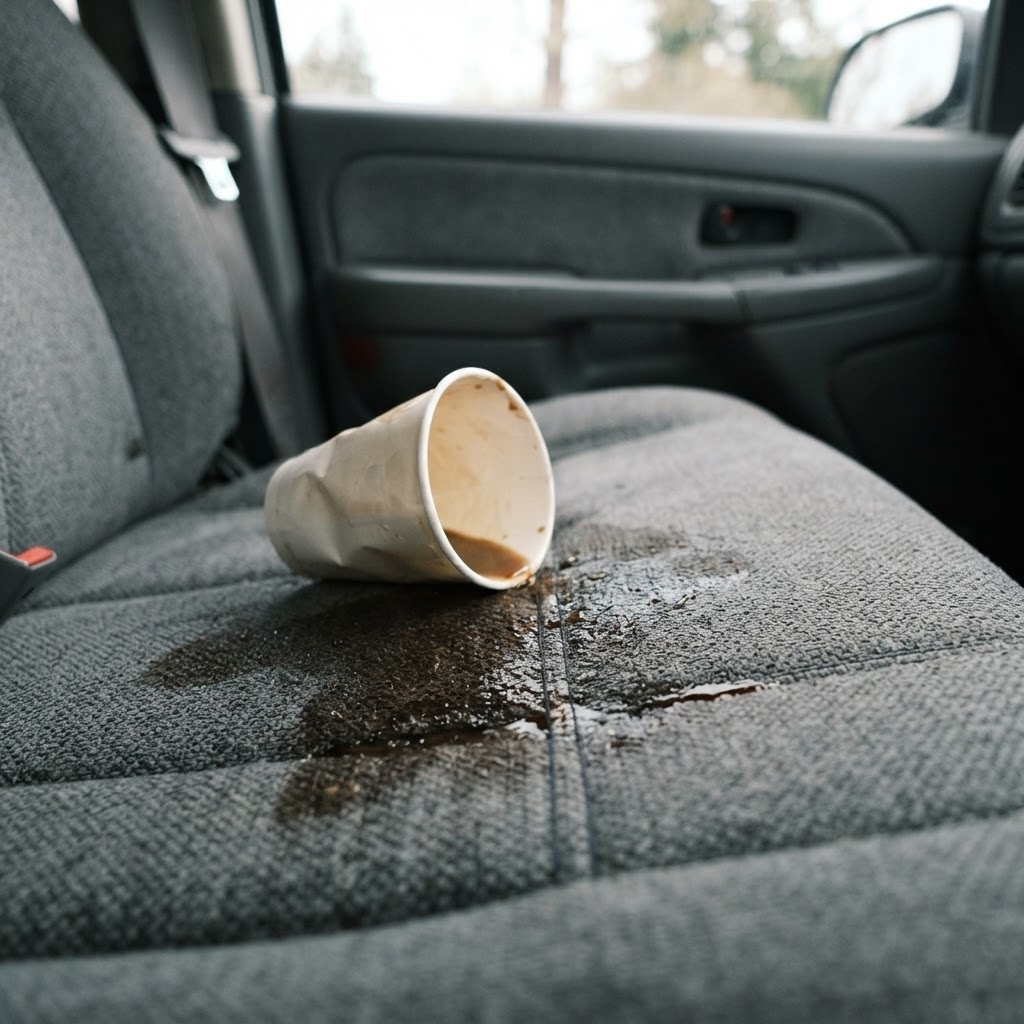Fresh coffee spill soaking into a car seat before professional spill cleanup