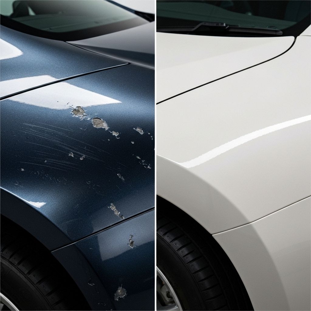 Paint correction before and after - swirl marks removed from black car paint in Houston