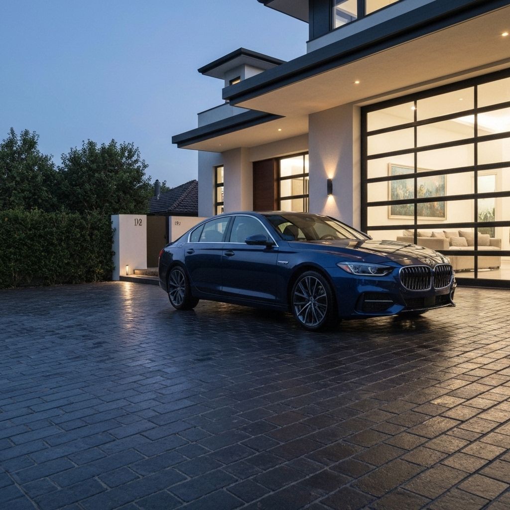 Sedan parked in modern home driveway